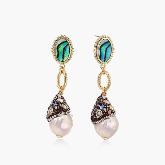 Gold drop earrings featuring iridescent abalone studs, crystal-encrusted caps, and elegant baroque pearls.