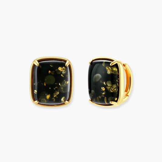 Cushion-shaped earrings featuring dark green amber with golden flecks, elegantly set in a gold-plated frame.