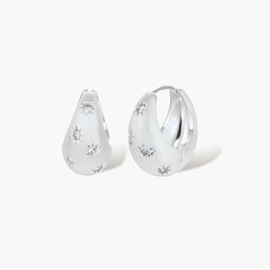 Silver-plated hoop earrings with star cutout designs, shown open and closed on white background, 17mm diameter.