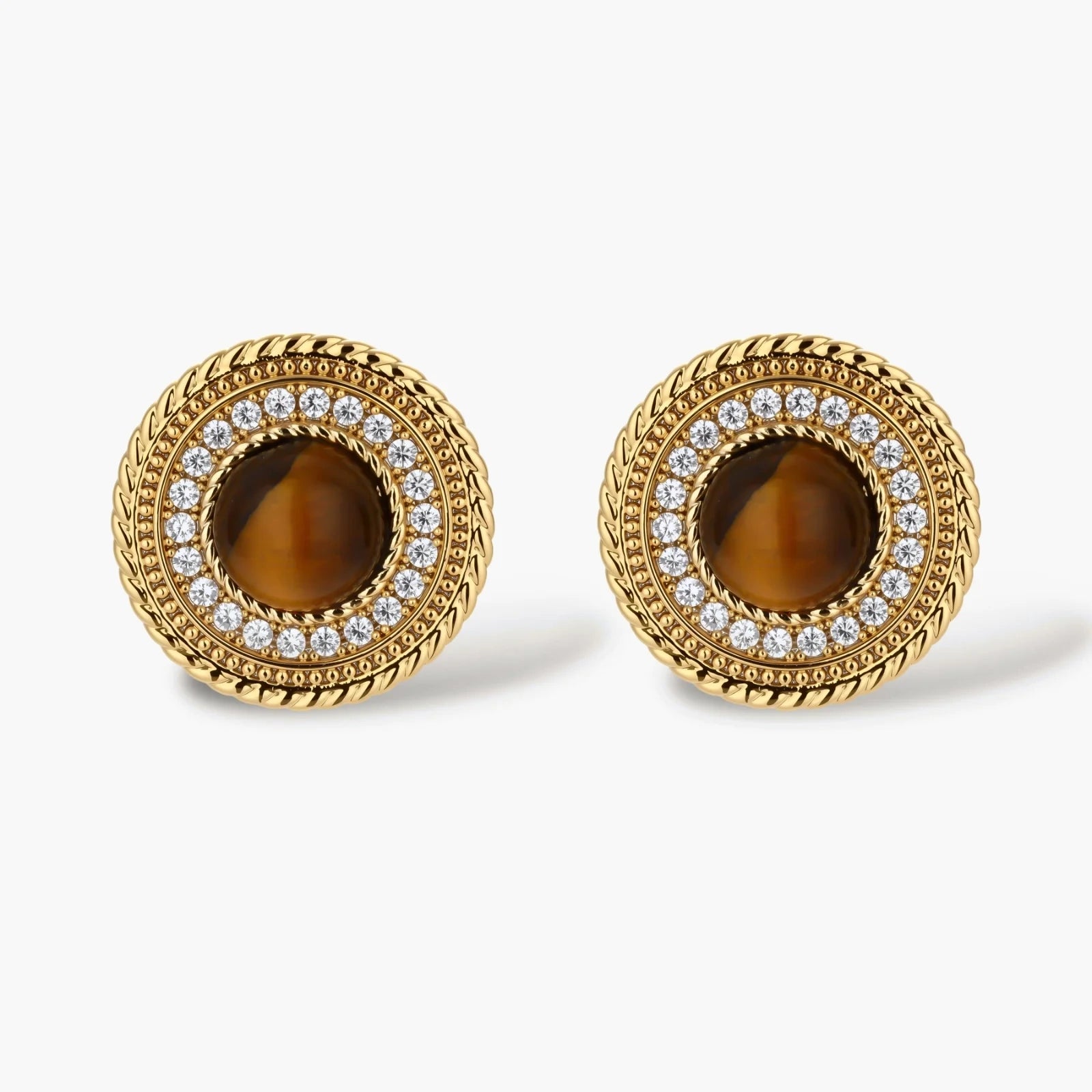Gold-plated circular pendant necklace and matching earrings with natural stone centers and ornate rope detailing