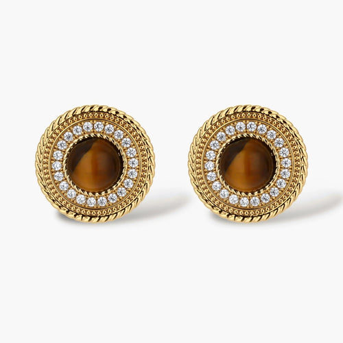 Gold-plated circular pendant necklace and matching earrings with natural stone centers and ornate rope detailing