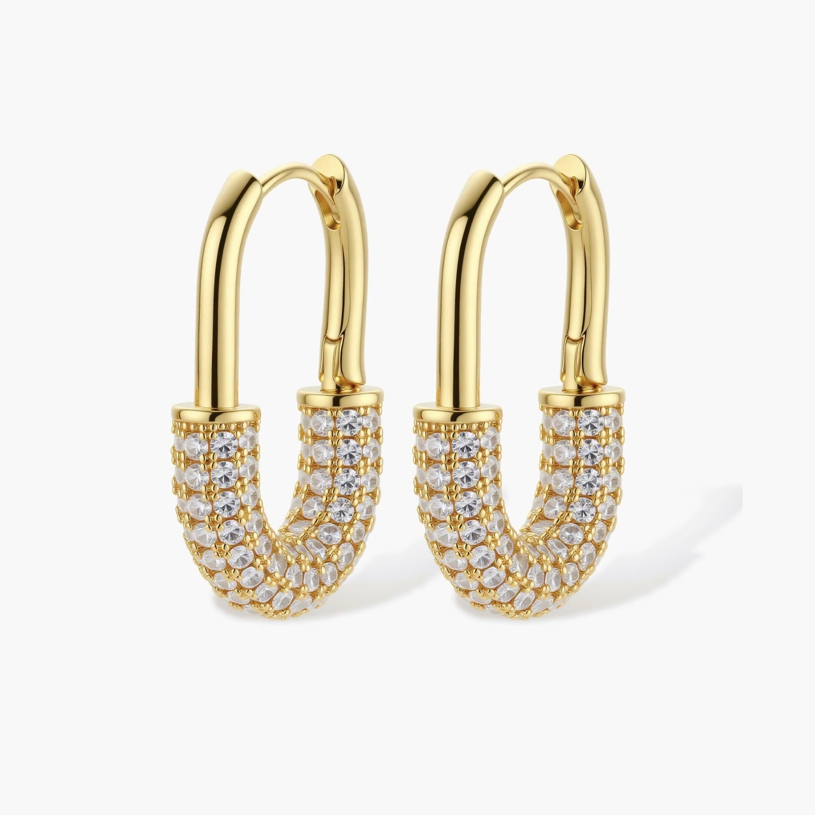 Gold-plated huggie hoop earrings with pavé zirconia stones covering the bottom curve, shown in open and closed positions.