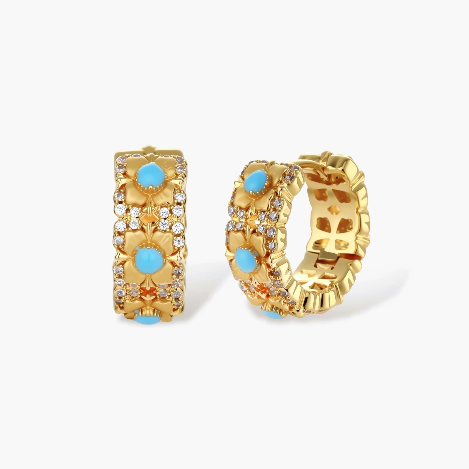18K gold-plated hoop earrings with turquoise-centered flowers and crystal details on white background.
