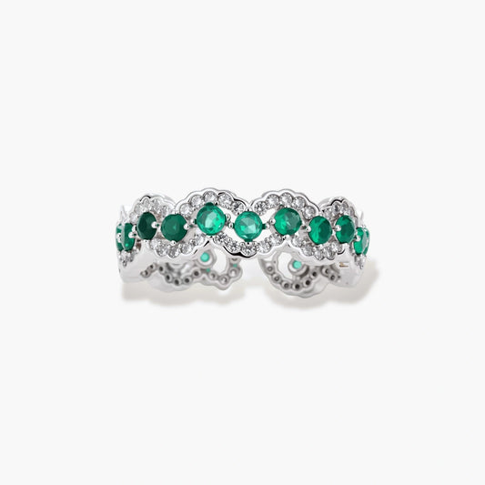 Platinum-plated copper ring with green zirconia stones in decorative scalloped wave pattern, adjustable band design.