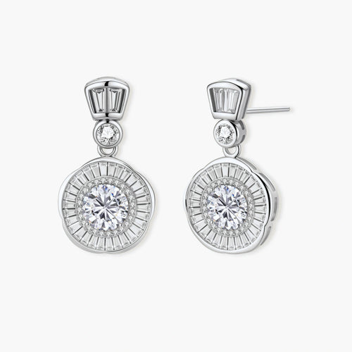 Art Deco-inspired sterling silver drop earrings with tiered moissanite stones in geometric sunburst design