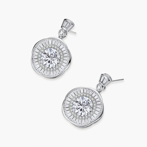 Art Deco-inspired sterling silver drop earrings with tiered moissanite stones in geometric sunburst design