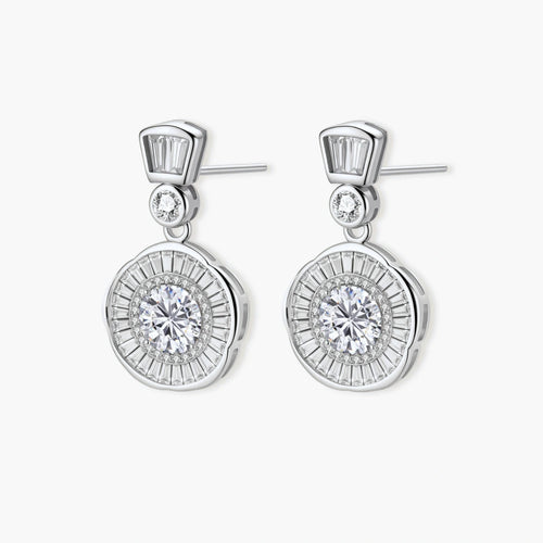 Art Deco-inspired sterling silver drop earrings with tiered moissanite stones in geometric sunburst design