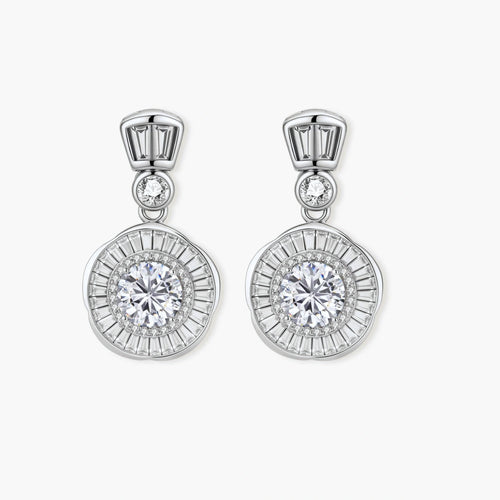 Art Deco-inspired sterling silver drop earrings with tiered moissanite stones in geometric sunburst design