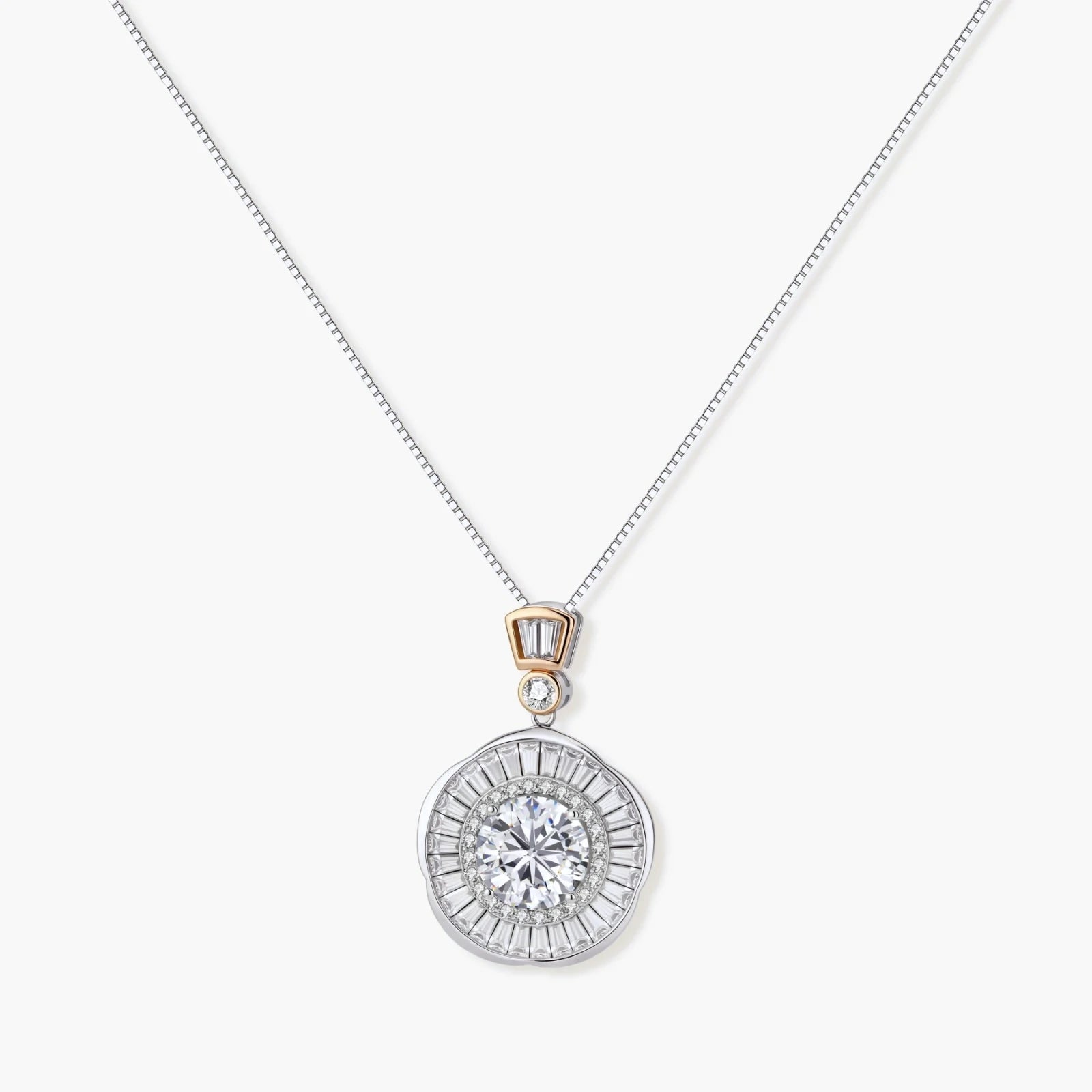 Sterling silver necklace with circular geometric pendant featuring central moissanite and radial baguette pattern.