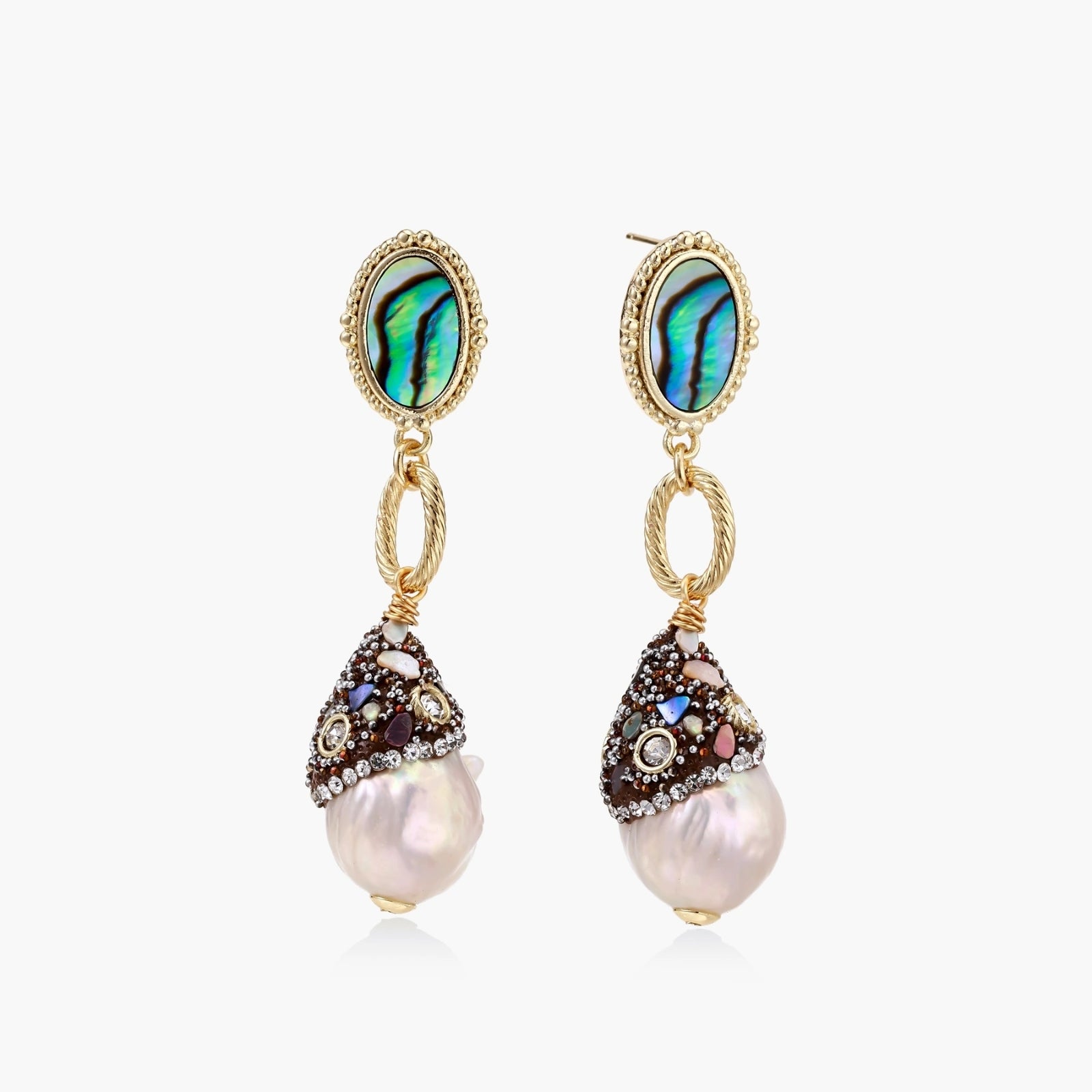 Gold drop earrings featuring iridescent abalone studs, crystal-encrusted caps, and elegant baroque pearls.