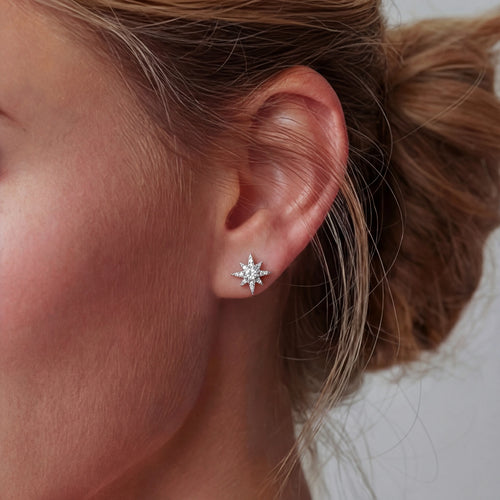 Star-shaped earrings elegantly adorned with a central moissanite stone and delicate pavé accents, showcasing refined sophistication.