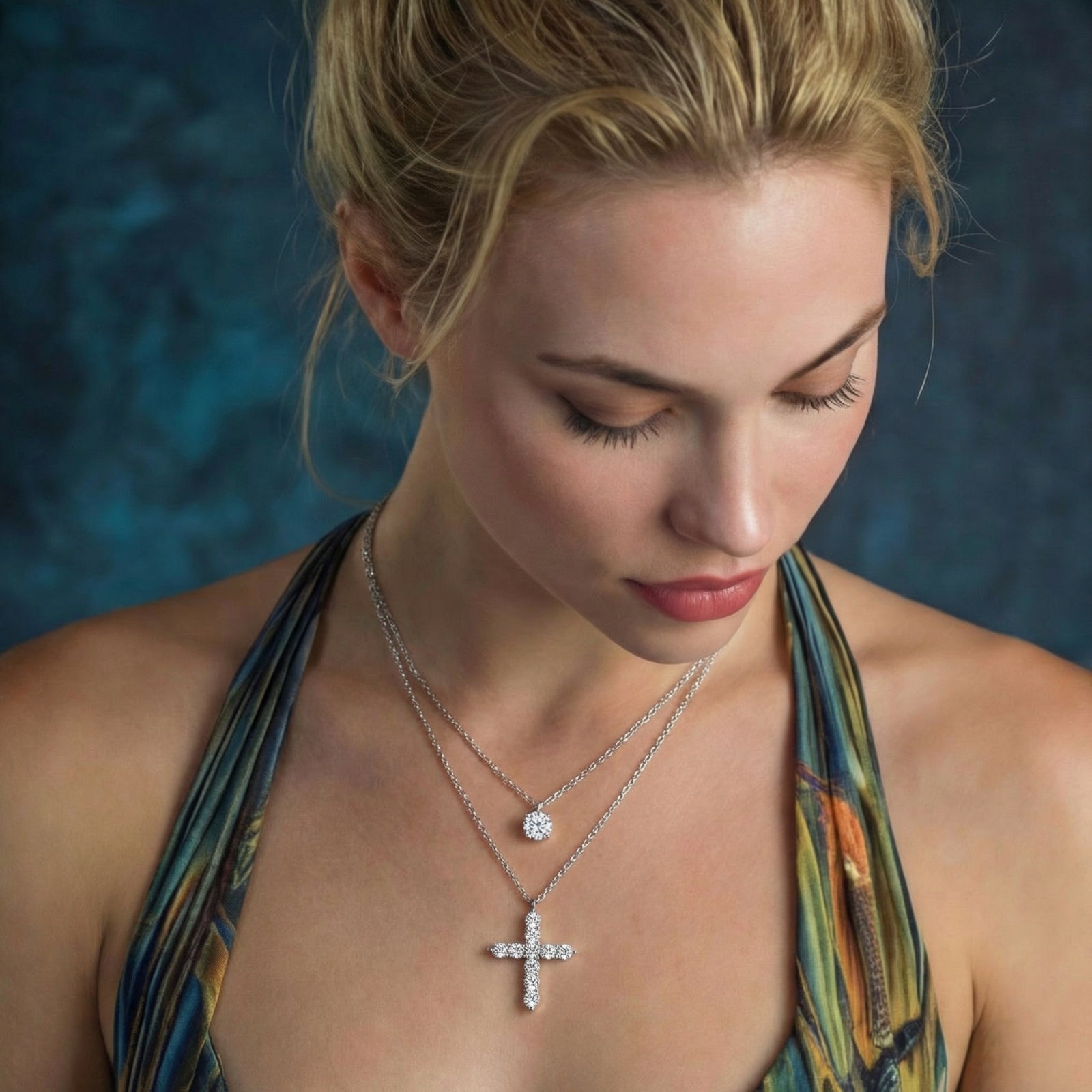 Model showcasing two layered necklaces, one featuring a cross pendant and the other a solitaire pendant, set against a vibrant background.