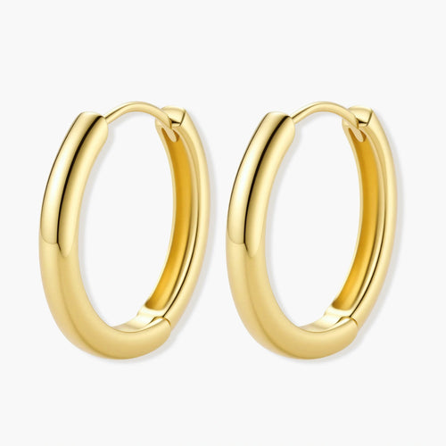 Polished gold-plated sterling silver hoop earrings with hinged closure mechanism on white background.