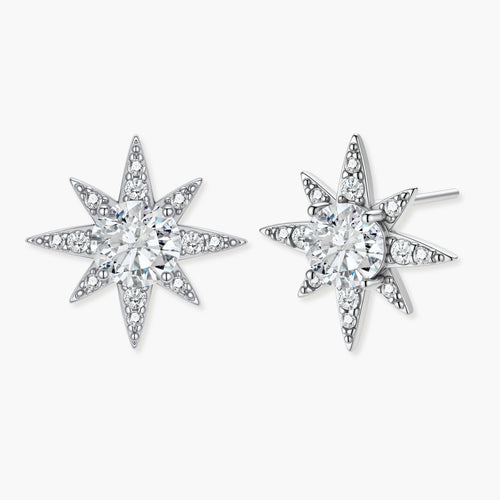 Star-shaped sterling silver earrings featuring a central round moissanite stone surrounded by delicate pavé accents.