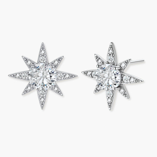 Star-shaped sterling silver earrings featuring a central round moissanite stone surrounded by delicate pavé accents.