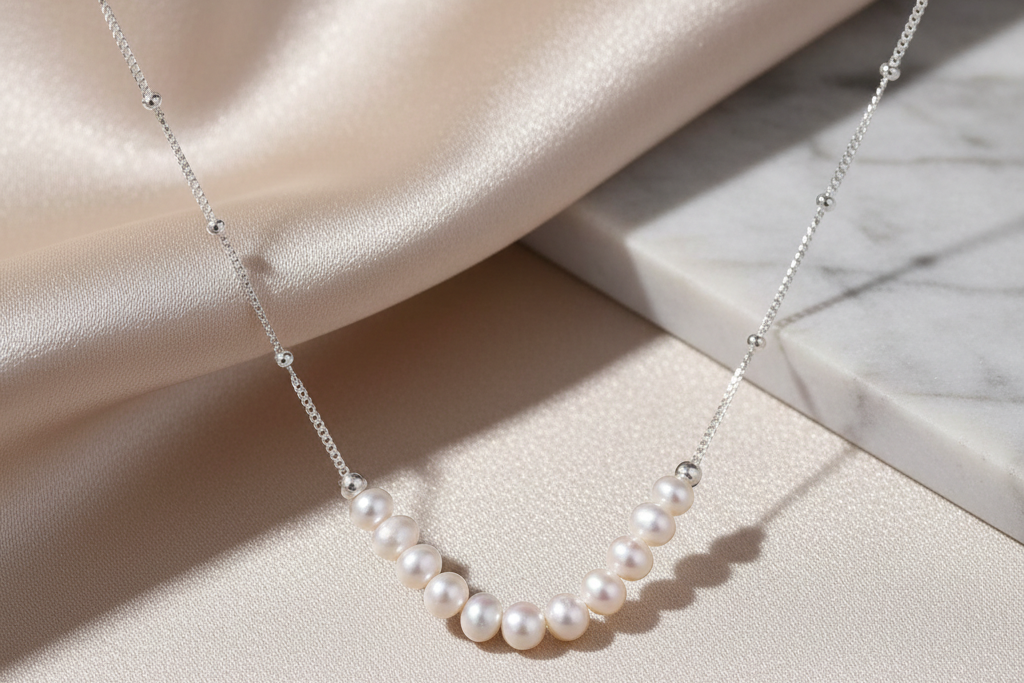 Delicate sterling silver chain necklace with small freshwater pearls arranged in a curved smile arc on cream background.