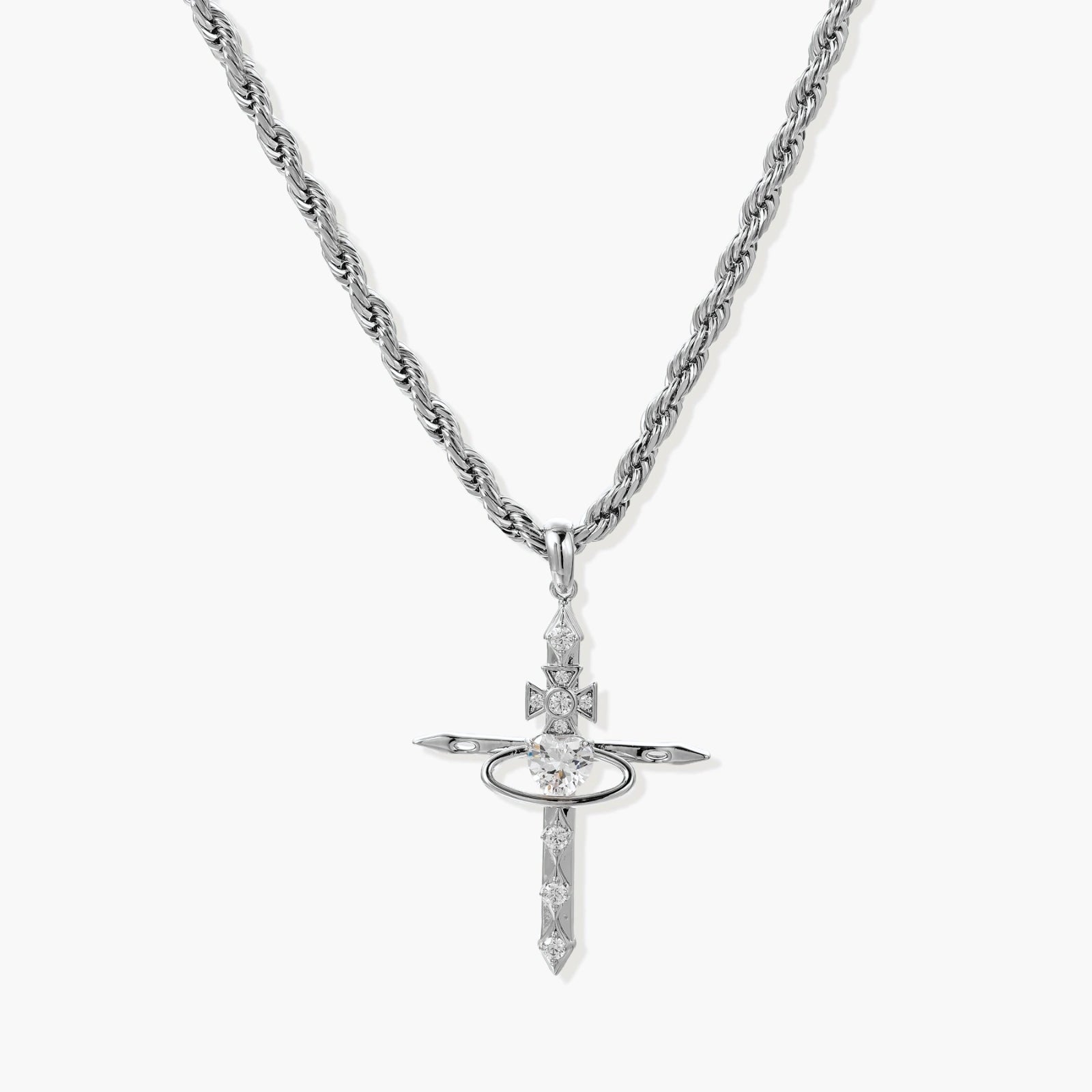 Silver-tone necklace featuring a cross pendant with an open oval design, set on a twisted rope chain.