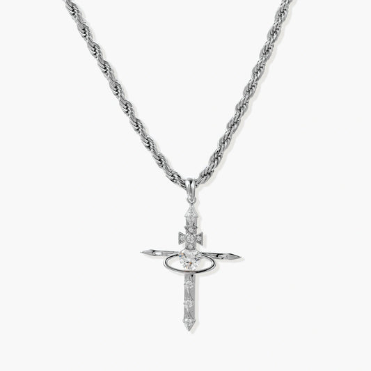 Silver-tone necklace featuring a cross pendant with an open oval design, set on a twisted rope chain.