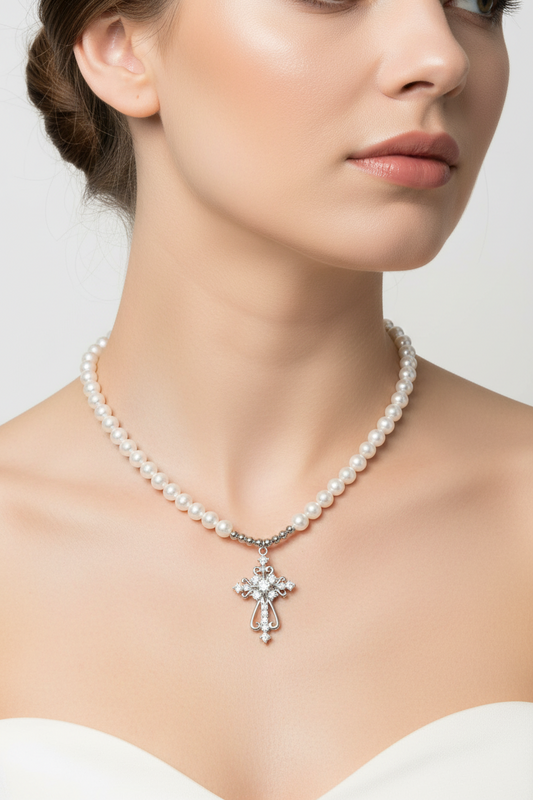Elegant white pearl necklace featuring a scrolled silver cross pendant adorned with shimmering zirconia stones.