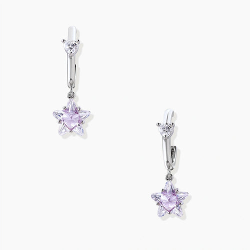 Huggie earrings featuring a lilac star design with a clear heart, elegantly finished in white gold plating.