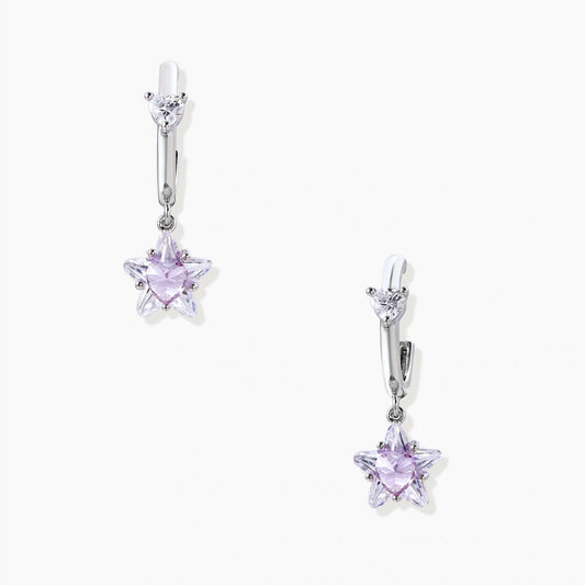 Huggie earrings featuring a lilac star design with a clear heart, elegantly finished in white gold plating.