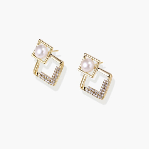 Gold-plated double square frame earrings with freshwater pearl and crystal accents on white background