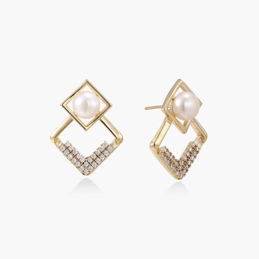 Geometric gold earrings featuring a round freshwater pearl and delicate crystal accents in an elegant V design.