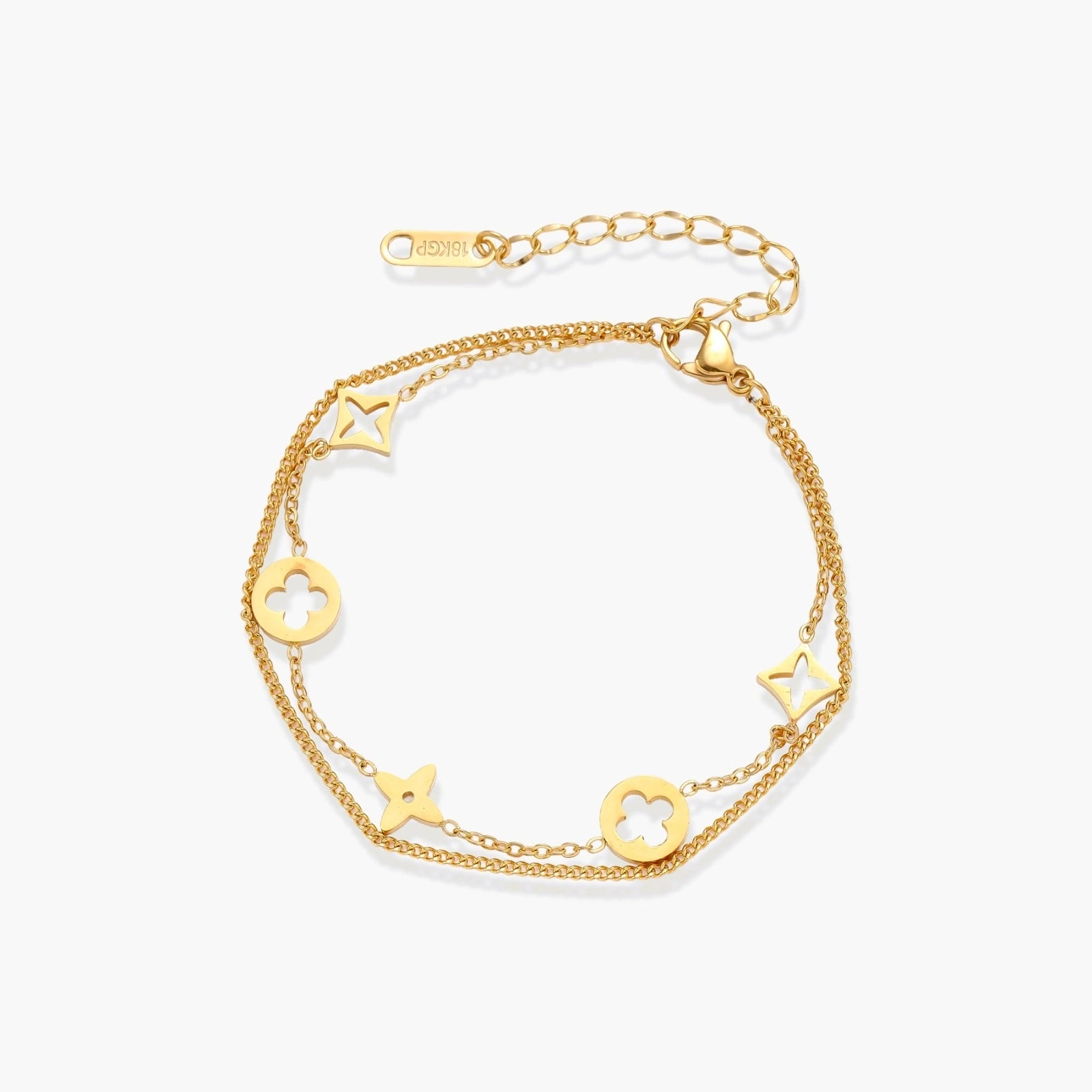 Double-strand bracelet featuring clover and star charms with a radiant gold-toned finish and adjustable chain.