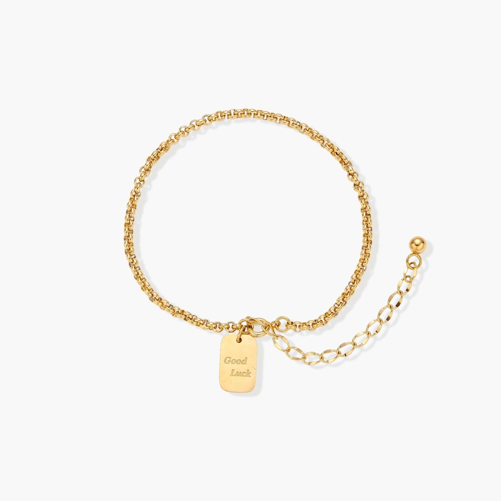Delicate rolo-chain bracelet featuring a 'Good Luck' engraved tag and an adjustable bead-tipped extender.