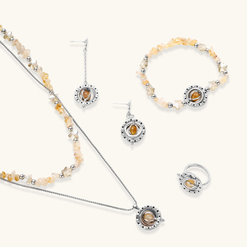 Jewellery set featuring a necklace, earrings, bracelet, and ring with amber beads and citrine-hued chip stones.
