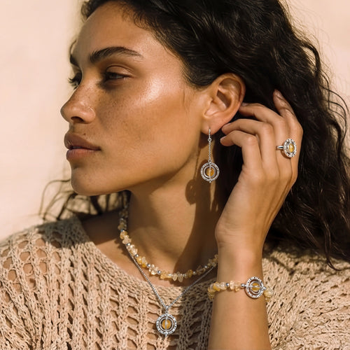 Model showcasing the Cosmic Citrine Jewellery Set, featuring a necklace, earrings, and bracelet with amber beads and silver-toned accents.