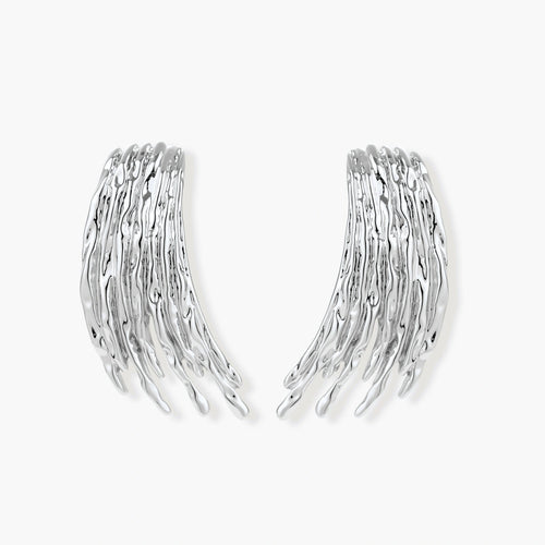 Layered metallic wing-shaped pendant and matching earrings with feathered texture in silver and gold finishes