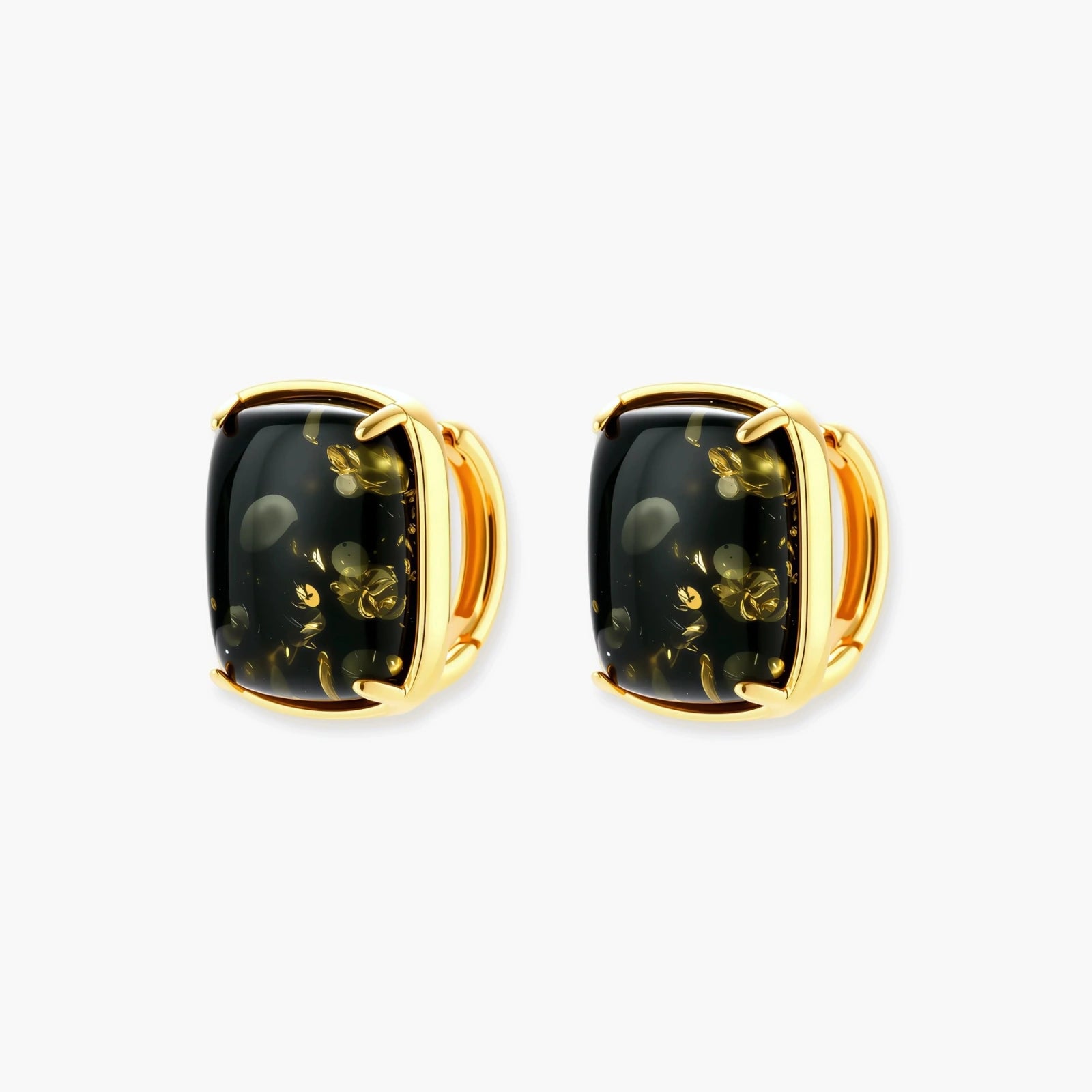 Elegant cushion-cut green amber earrings with golden inclusions in 18K gold-plated sterling silver settings.