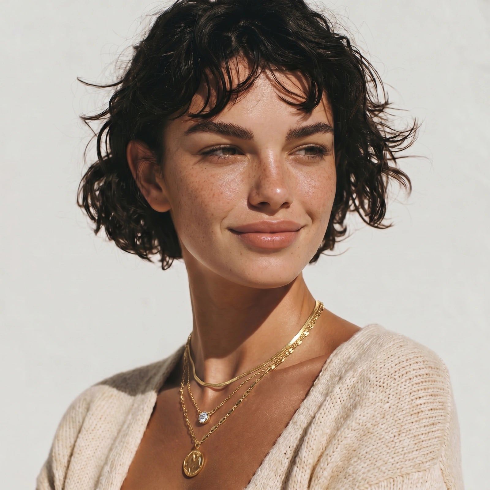 Model showcasing a dual-chain necklace with a clear crystal pendant, featuring a sleek snake chain and delicate flat-link chain.