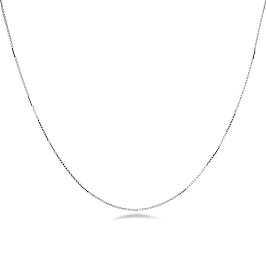 Slim box chain necklace with polished bar links, showcasing a radiant platinum-plated finish.
