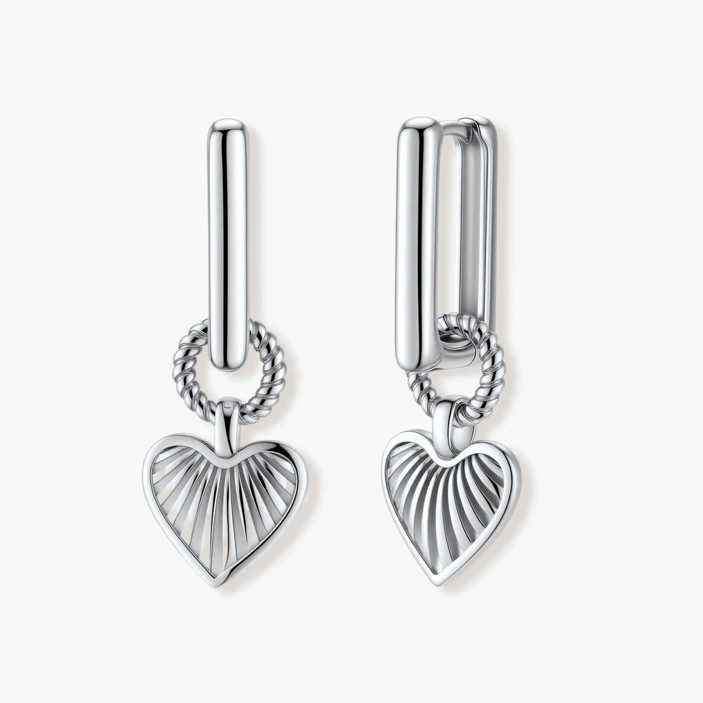 Platinum-plated 925 sterling silver rectangular hoop earrings with twisted ring connector and ribbed heart charm pendant.