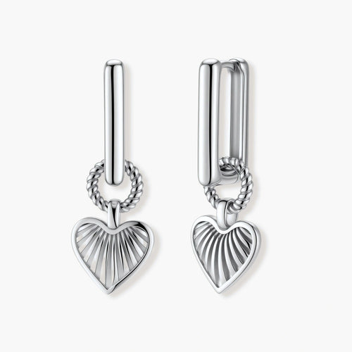 Platinum-plated 925 sterling silver rectangular hoop earrings with twisted ring connector and ribbed heart charm pendant.