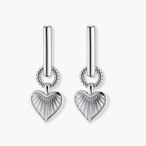 Platinum-plated 925 sterling silver rectangular hoop earrings with twisted ring connector and ribbed heart charm pendant.