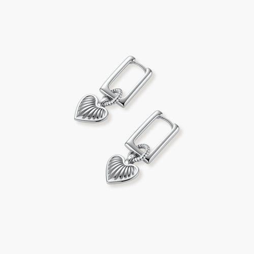 Platinum-plated 925 sterling silver rectangular hoop earrings with twisted ring connector and ribbed heart charm pendant.