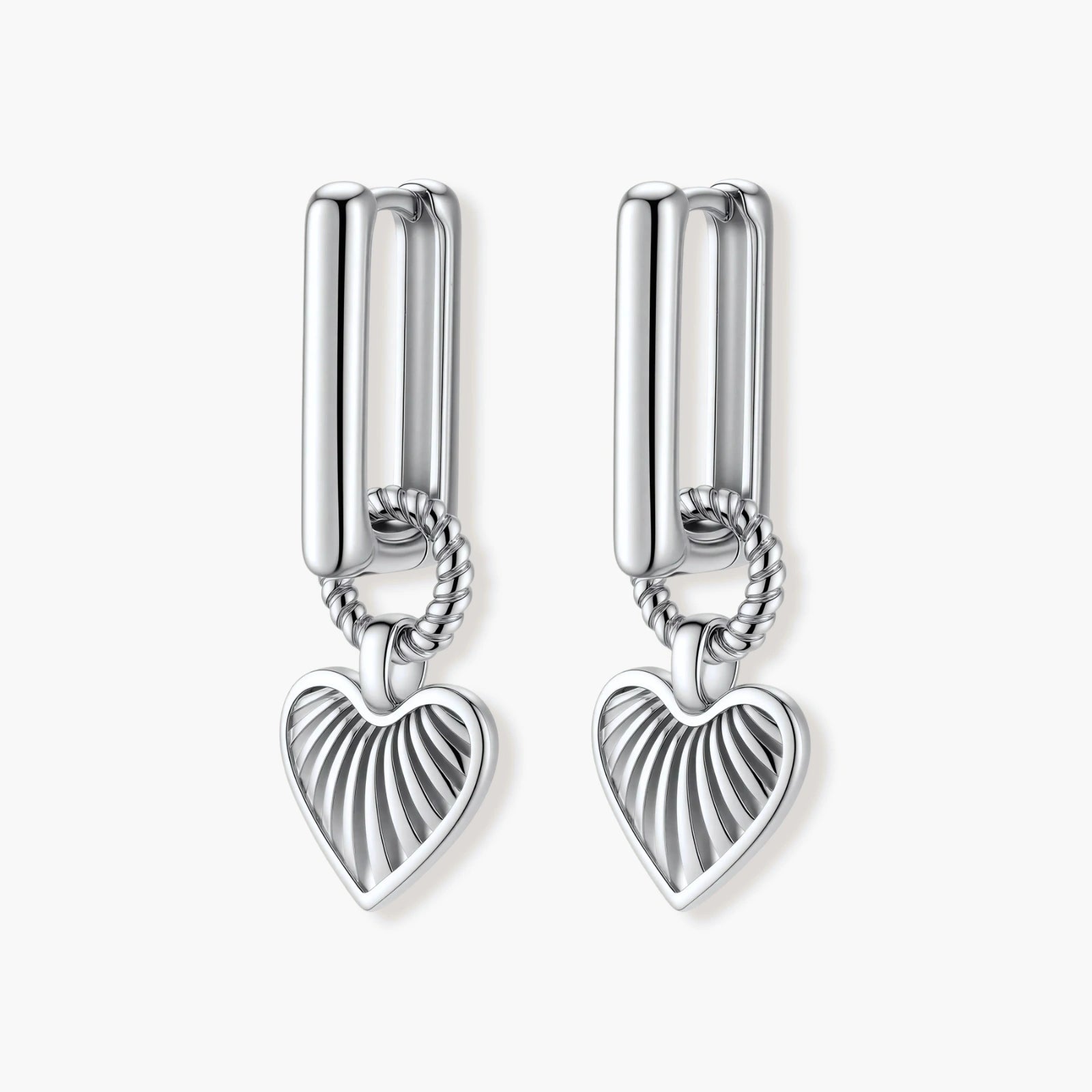 Platinum-plated 925 sterling silver rectangular hoop earrings with twisted ring connector and ribbed heart charm pendant.