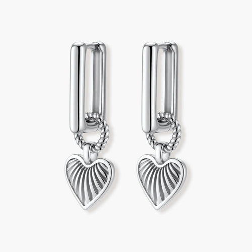 Platinum-plated 925 sterling silver rectangular hoop earrings with twisted ring connector and ribbed heart charm pendant.
