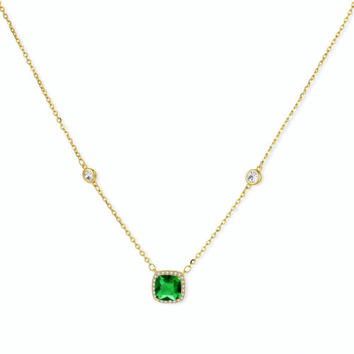 Delicate gold-plated necklace featuring a green cushion-cut pendant with a pavé halo and shimmering bezel crystals.