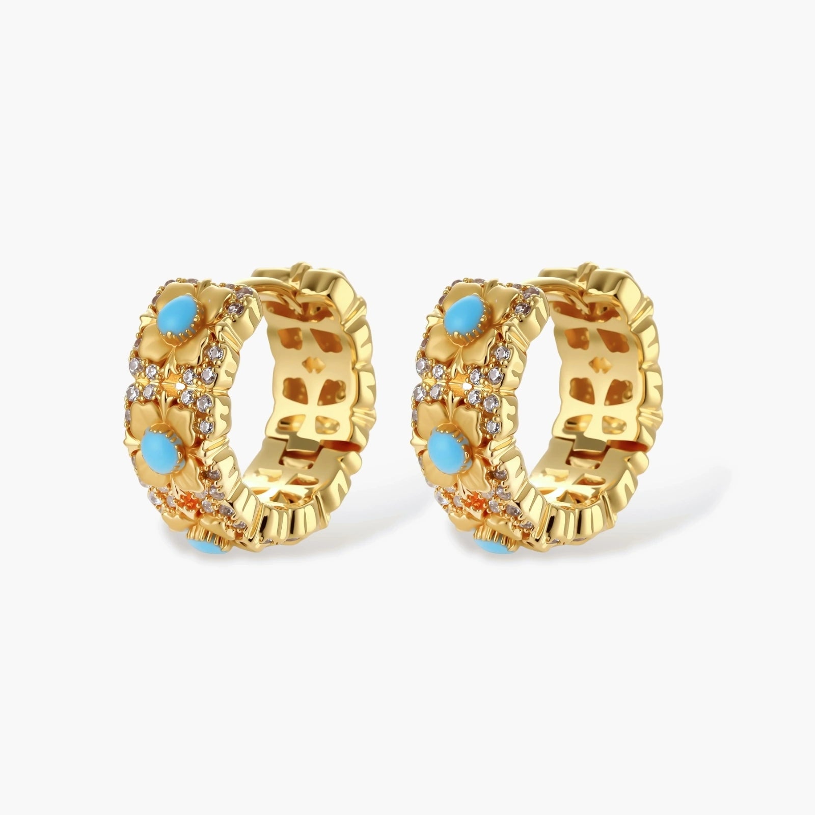 18K gold-plated hoop earrings with turquoise-centered flowers and crystal details on white background.