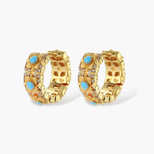 18K gold-plated hoop earrings with turquoise-centered flowers and crystal details on white background.