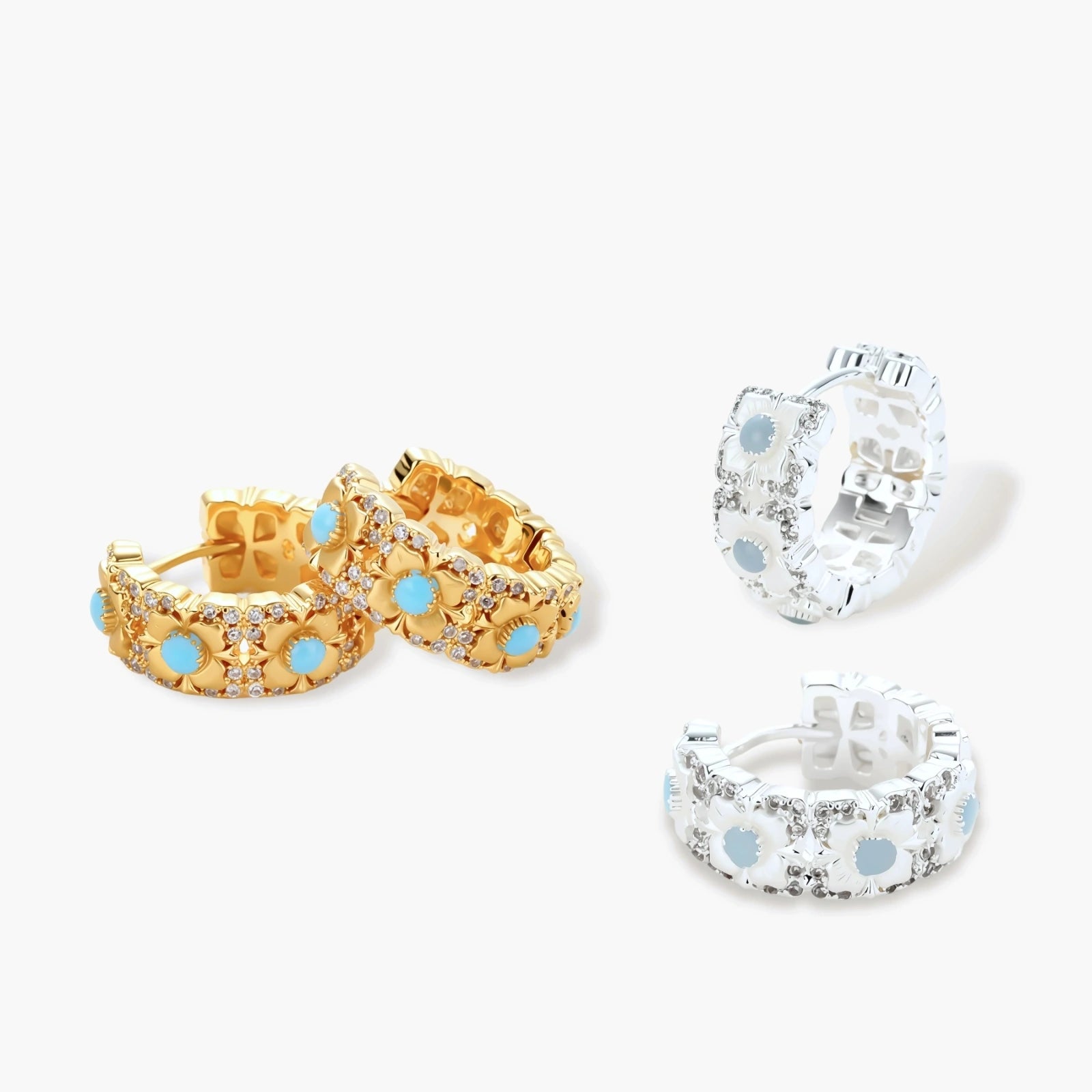 18K gold-plated hoop earrings with turquoise-centered flowers and crystal details on white background.