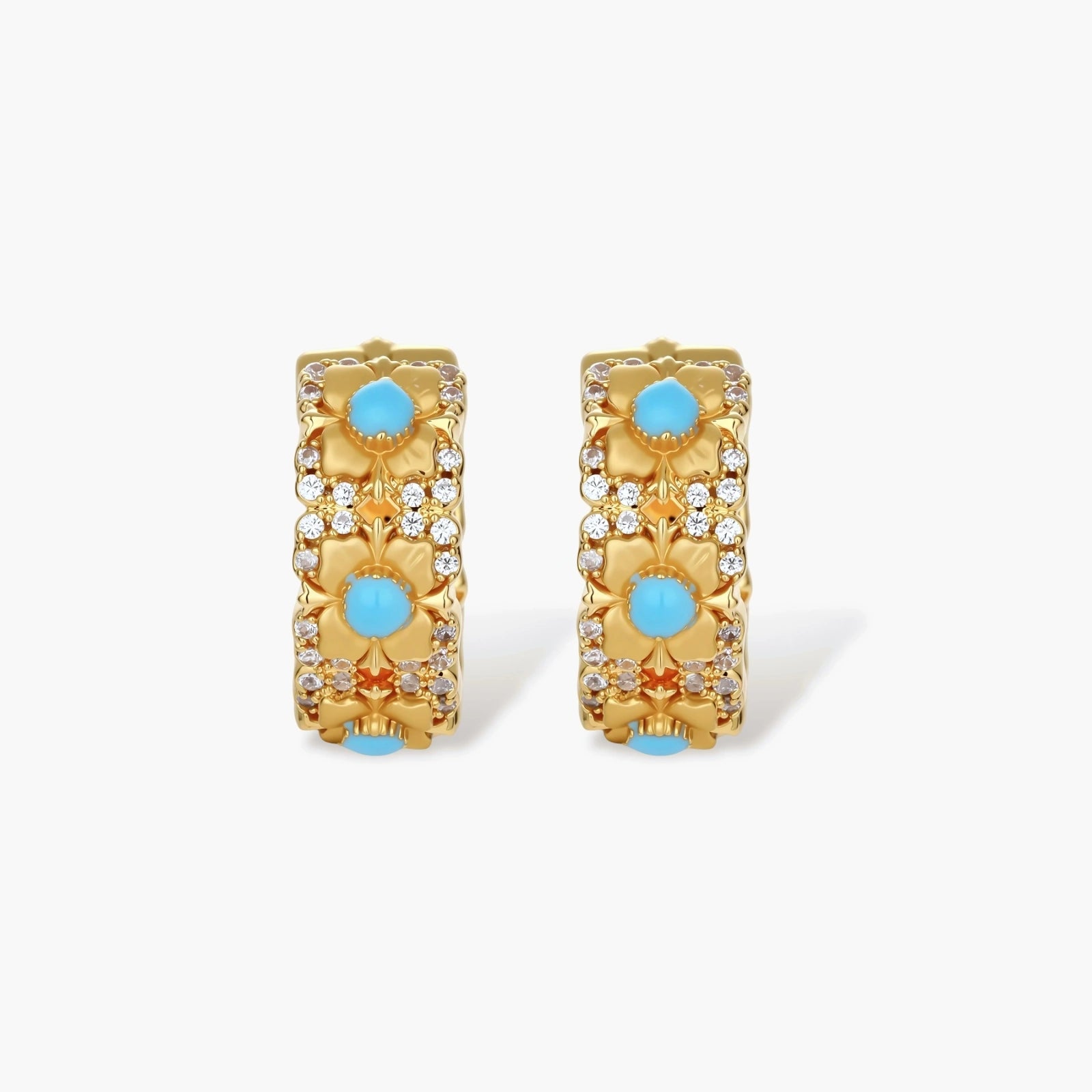18K gold-plated hoop earrings with turquoise-centered flowers and crystal details on white background.