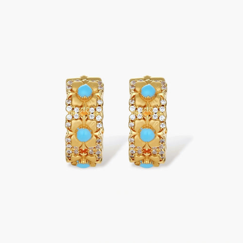 18K gold-plated hoop earrings with turquoise-centered flowers and crystal details on white background.