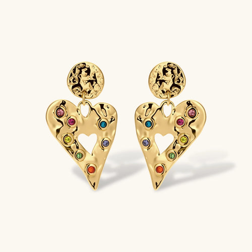 Gold hammered heart drop earrings with rainbow cubic zirconia stones and textured coin stud, 18K gold plated stainless steel.