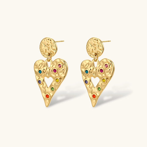 Gold hammered heart drop earrings with rainbow cubic zirconia stones and textured coin stud, 18K gold plated stainless steel.