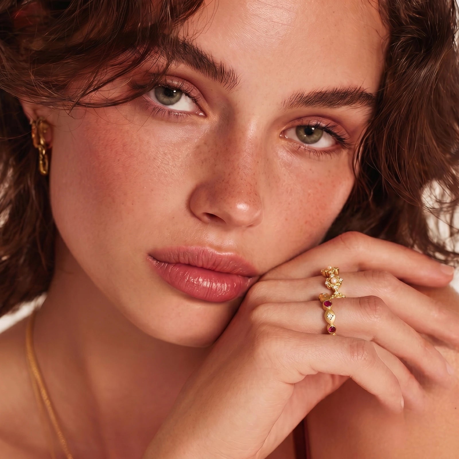 Textured gold ovals entwined in a luxurious ring adorned with deep pink-red zirconias, showcasing an elegant open back design.